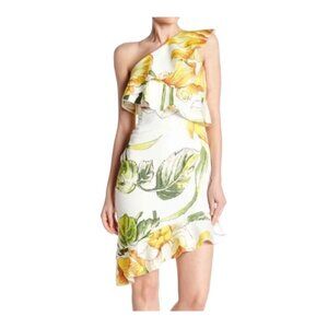Alexia Admor Dress Women 2 Yellow White Floral One Shoulder Ruffle‎ Sheath Mini